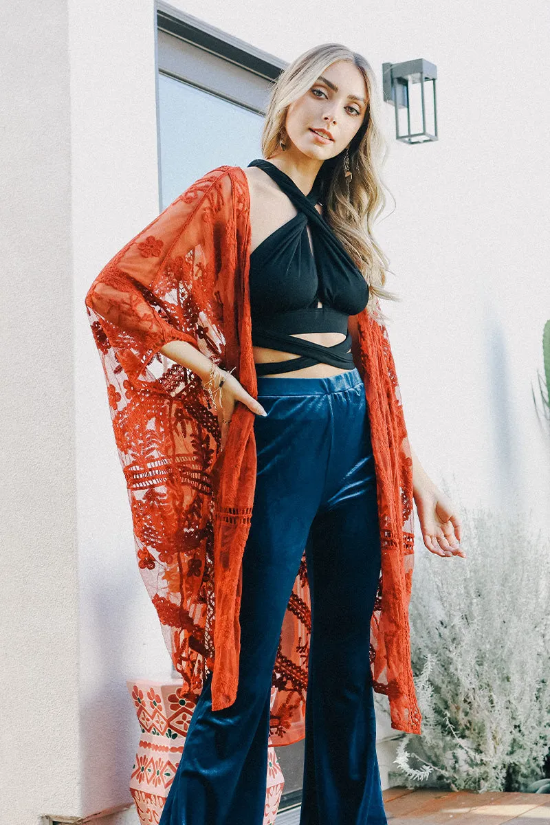 Embroidered Mesh Leaf Kimonos.