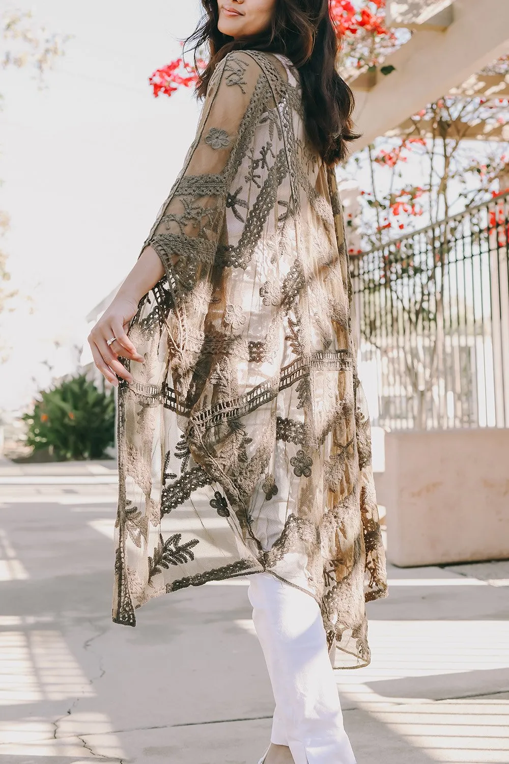 Embroidered Mesh Leaf Kimonos.