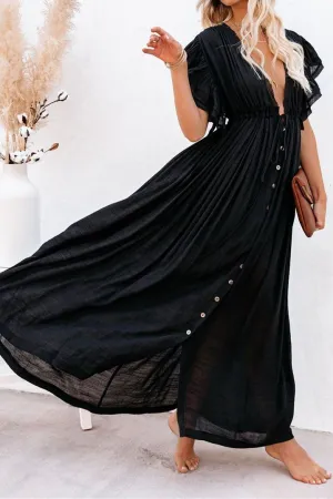 Endless Love Button-Down Ruffle Maxi Dress - Black