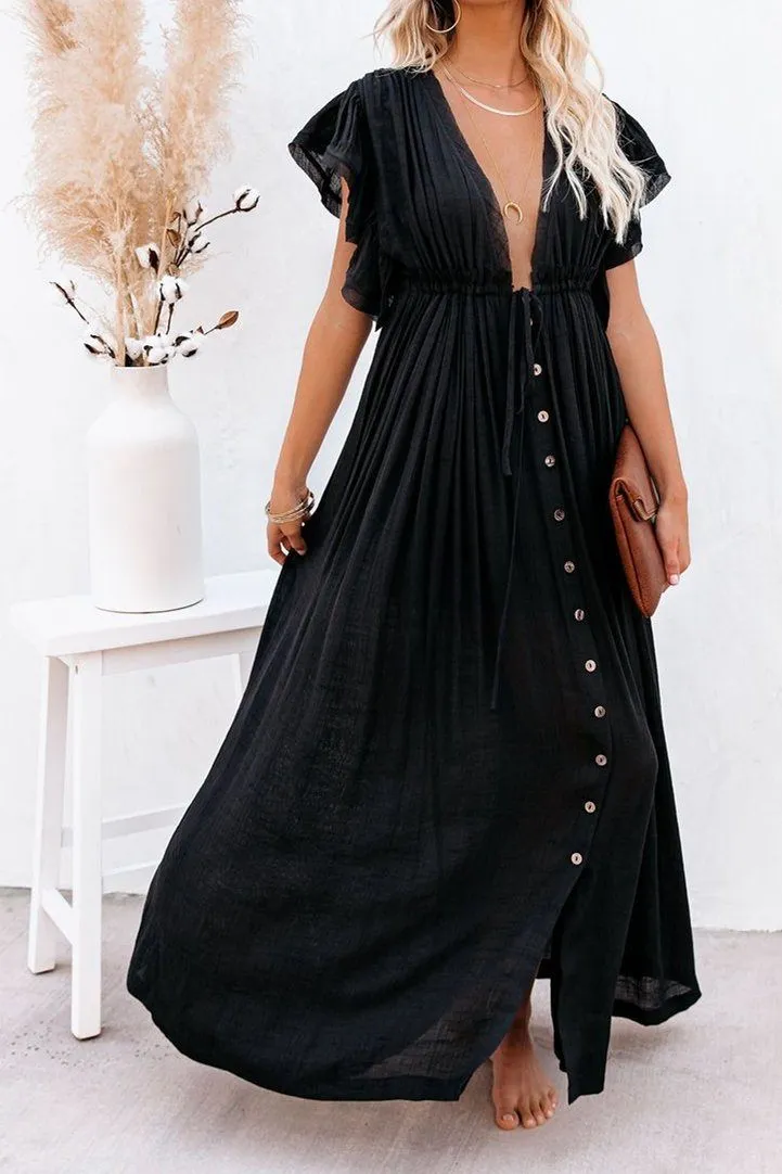 Endless Love Button-Down Ruffle Maxi Dress - Black