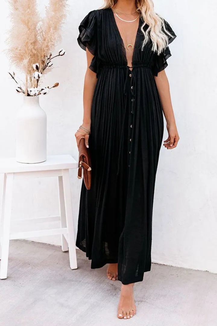 Endless Love Button-Down Ruffle Maxi Dress - Black