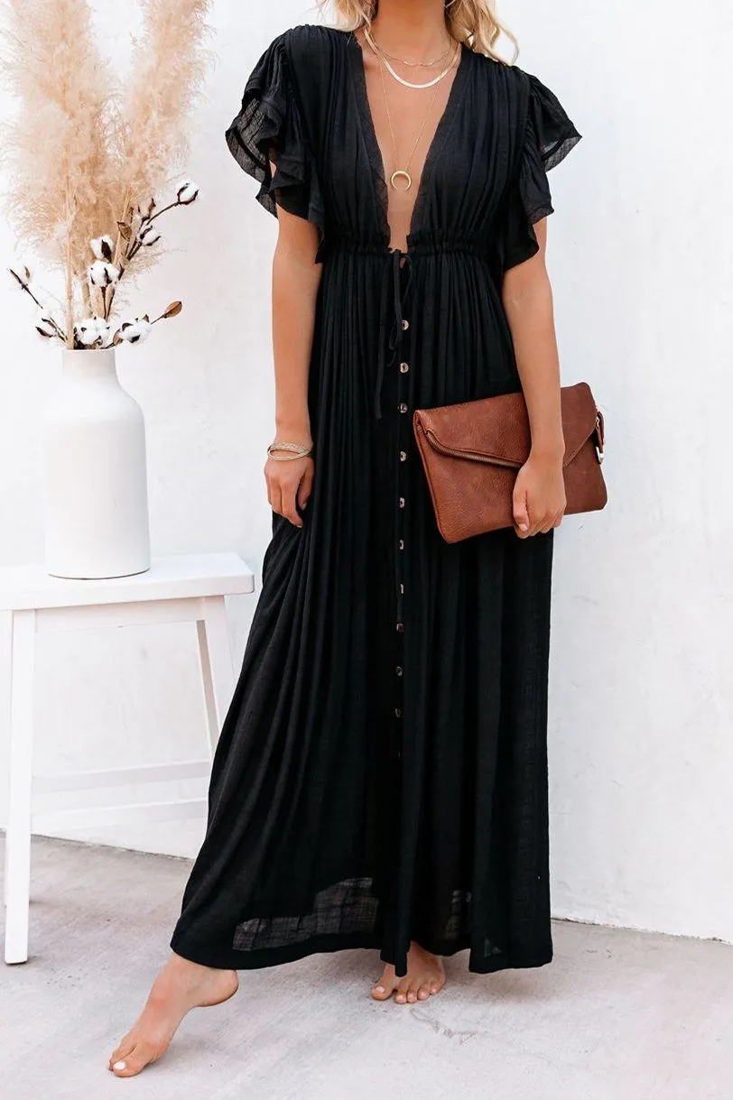 Endless Love Button-Down Ruffle Maxi Dress - Black