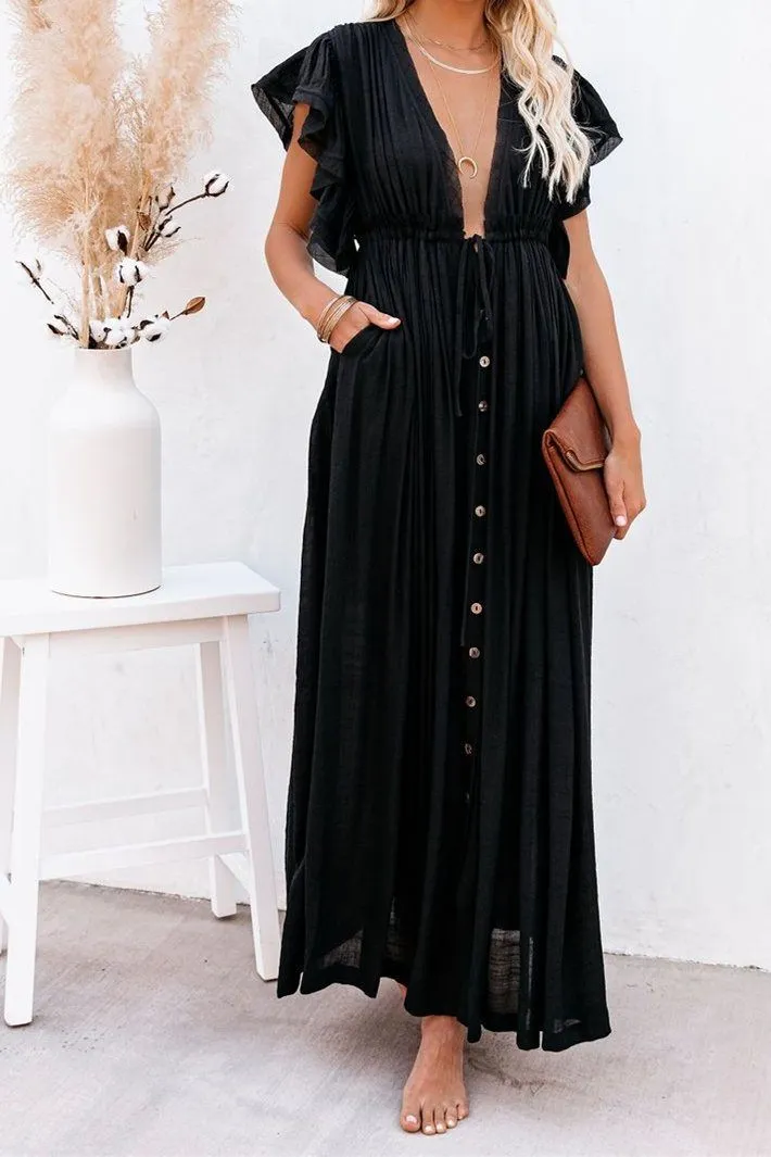 Endless Love Button-Down Ruffle Maxi Dress - Black