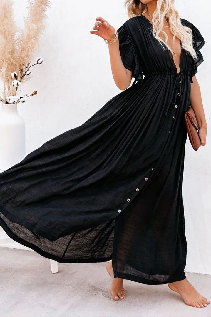 Endless Love Button-Down Ruffle Maxi Dress - Black