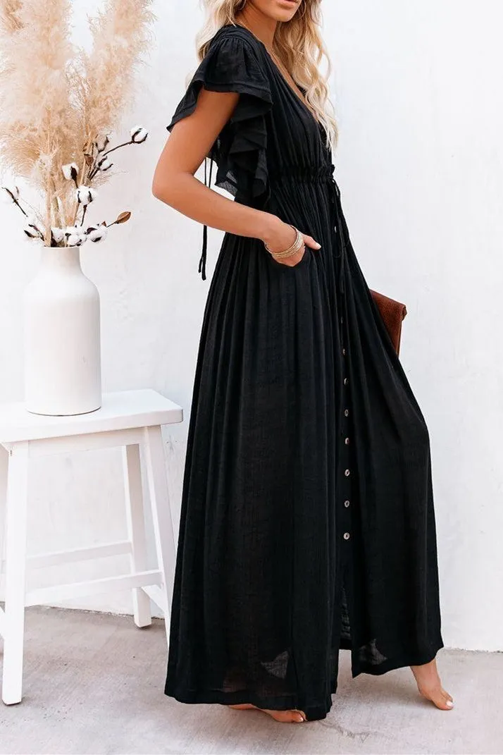 Endless Love Button-Down Ruffle Maxi Dress - Black