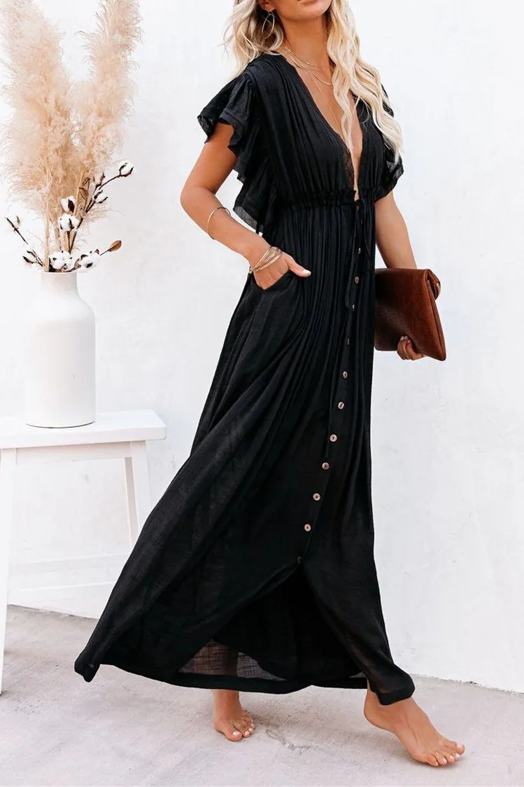 Endless Love Button-Down Ruffle Maxi Dress - Black
