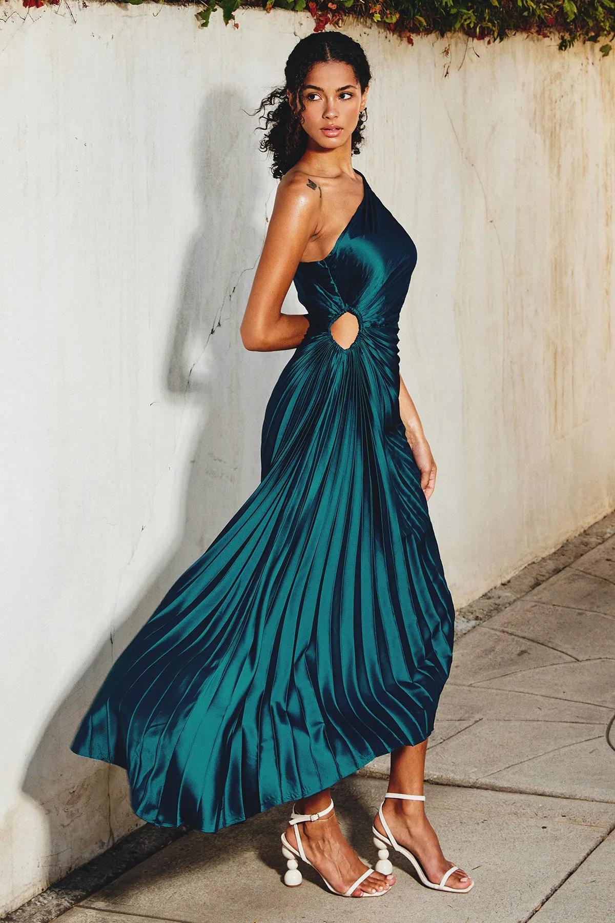Estella Asymmetrical Pleated One-Shoulder Maxi Dress