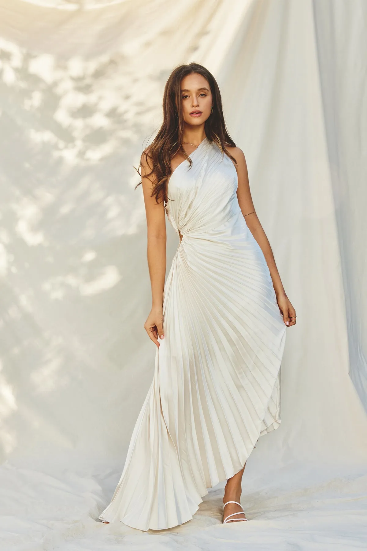 Estella Asymmetrical Pleated One-Shoulder Maxi Dress