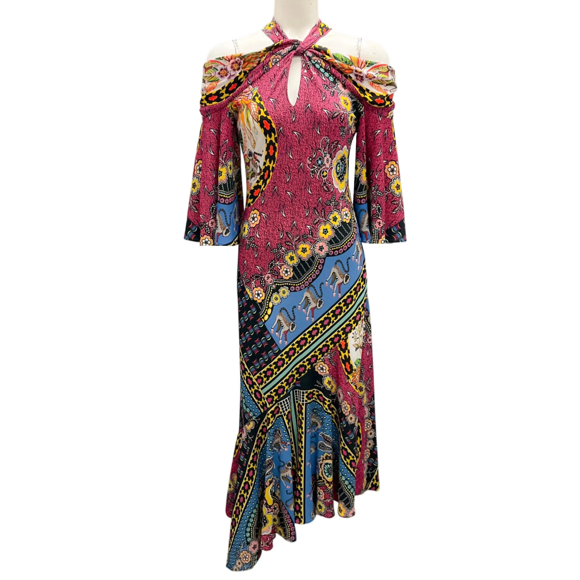 Etro Pink Multi Printed Keyhole Crepe Dress
