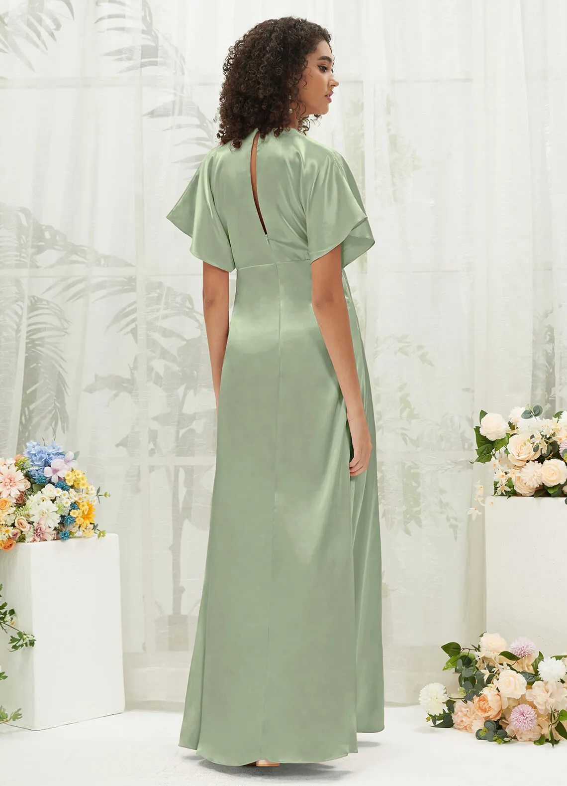 [Final Sale] Sage Green V-Neck Short Sleeve Satin Maxi Bridesmaid Dress With Slit