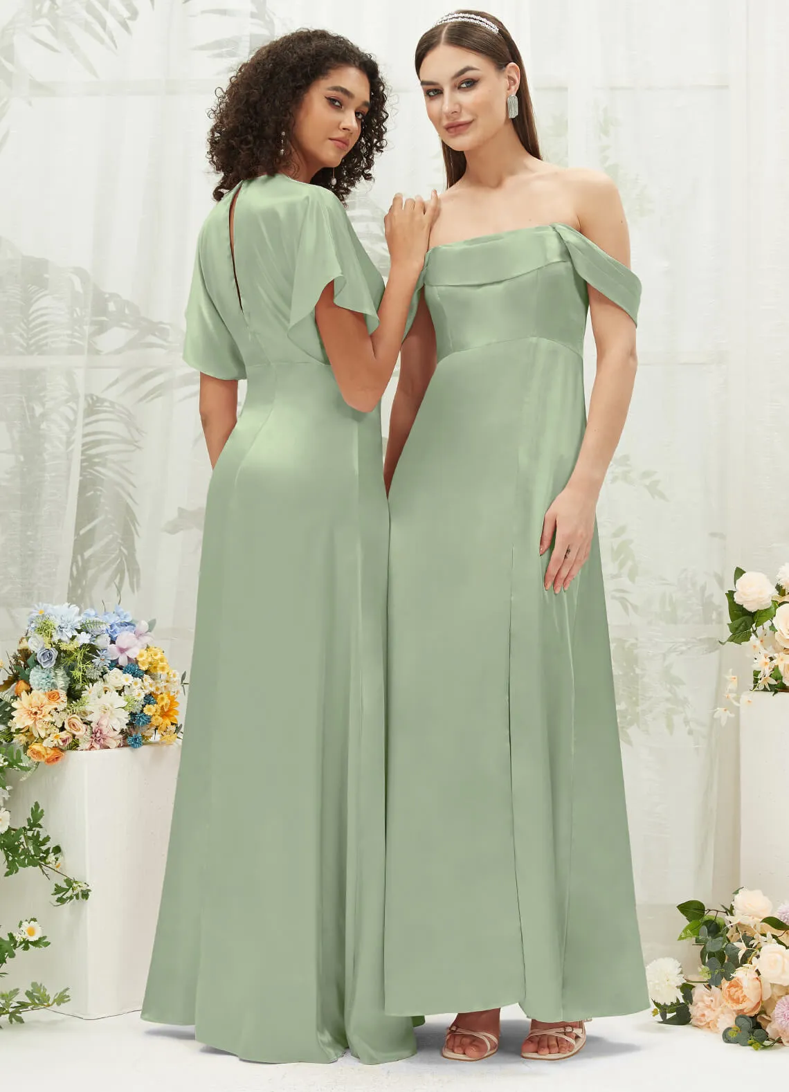 [Final Sale] Sage Green V-Neck Short Sleeve Satin Maxi Bridesmaid Dress With Slit