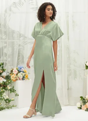 [Final Sale] Sage Green V-Neck Short Sleeve Satin Maxi Bridesmaid Dress With Slit