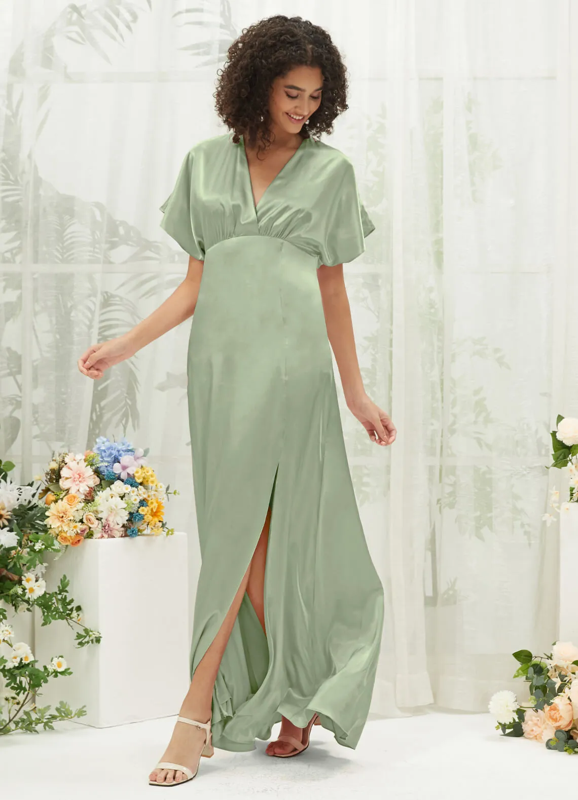 [Final Sale] Sage Green V-Neck Short Sleeve Satin Maxi Bridesmaid Dress With Slit