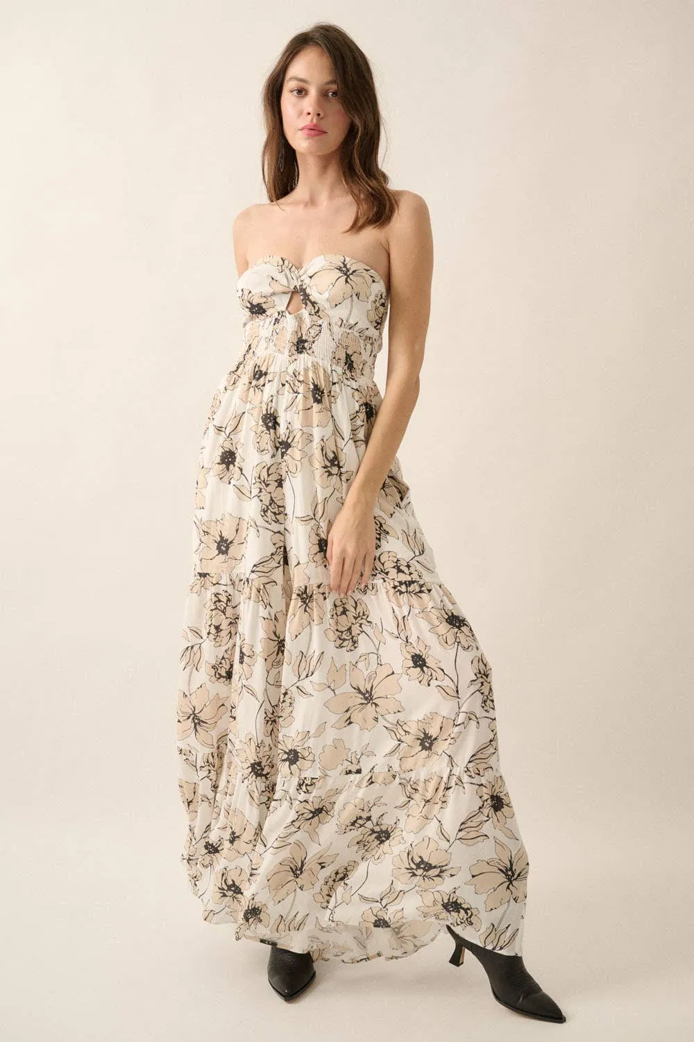 FLORAL CREPE STRAPLESS WIDE-LEG TIERED JUMPSUIT
