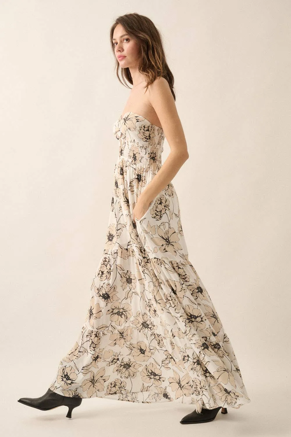 FLORAL CREPE STRAPLESS WIDE-LEG TIERED JUMPSUIT