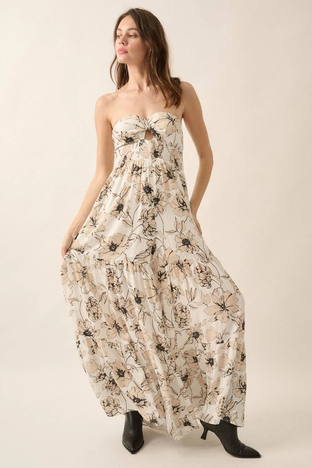 FLORAL CREPE STRAPLESS WIDE-LEG TIERED JUMPSUIT