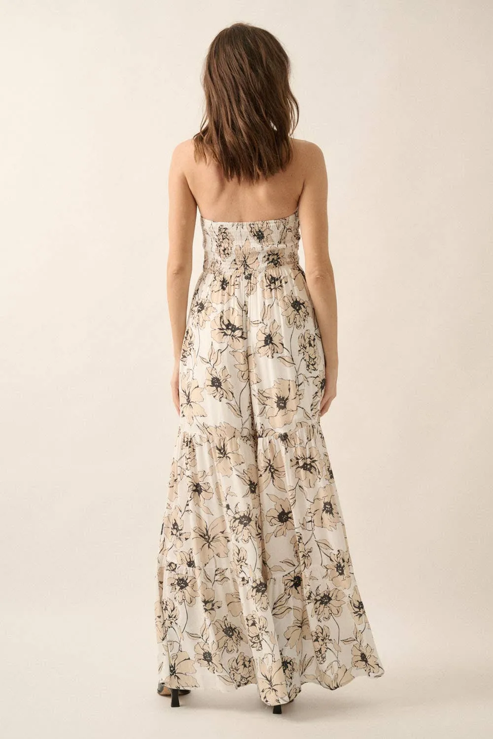 FLORAL CREPE STRAPLESS WIDE-LEG TIERED JUMPSUIT