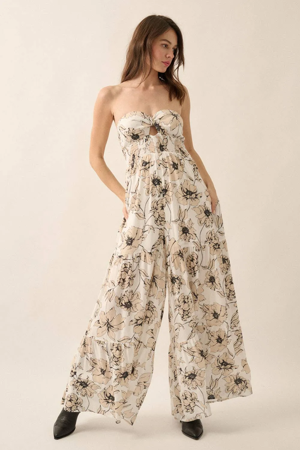 FLORAL CREPE STRAPLESS WIDE-LEG TIERED JUMPSUIT