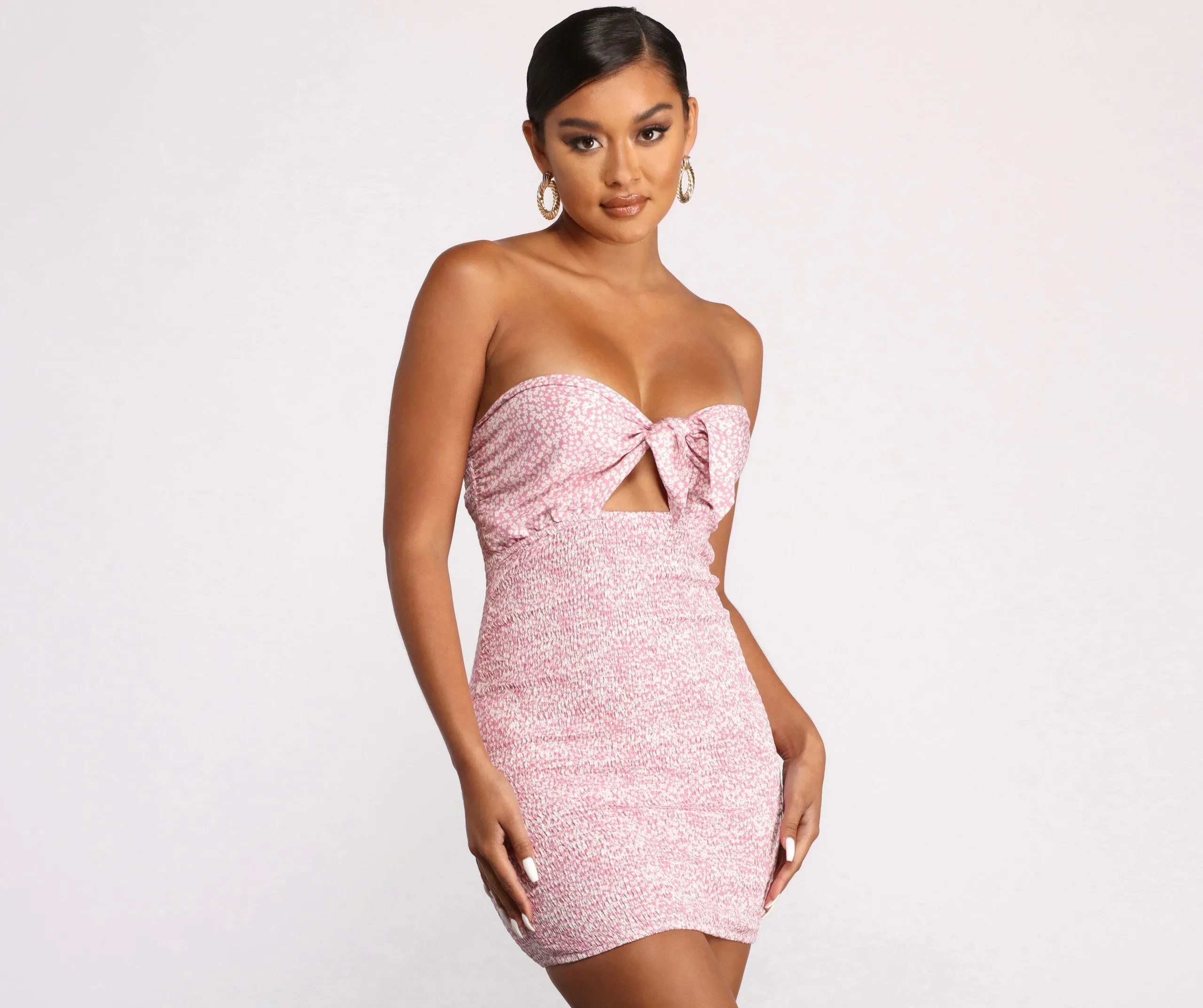 Floral Ditsy Smocked Charming Tie Front Mini Dress
