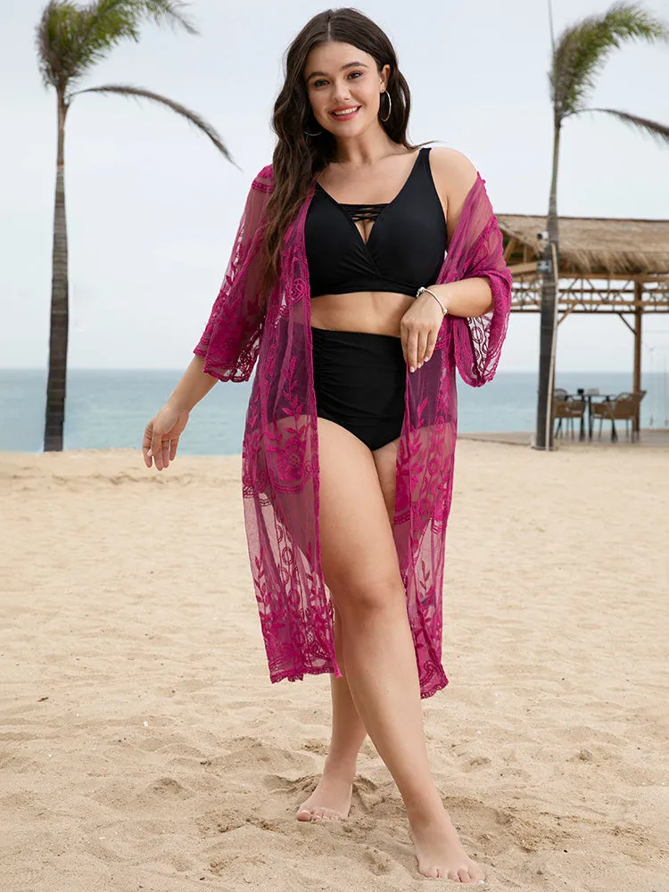 Floral Embroidered Mesh Open Front Kimono