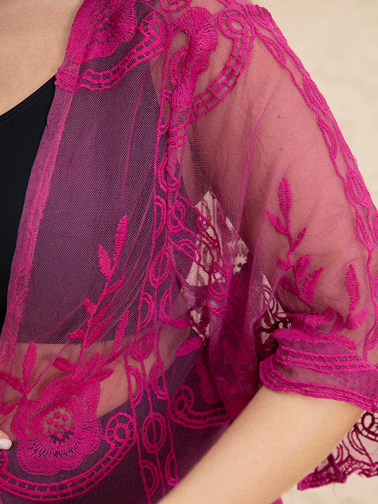 Floral Embroidered Mesh Open Front Kimono