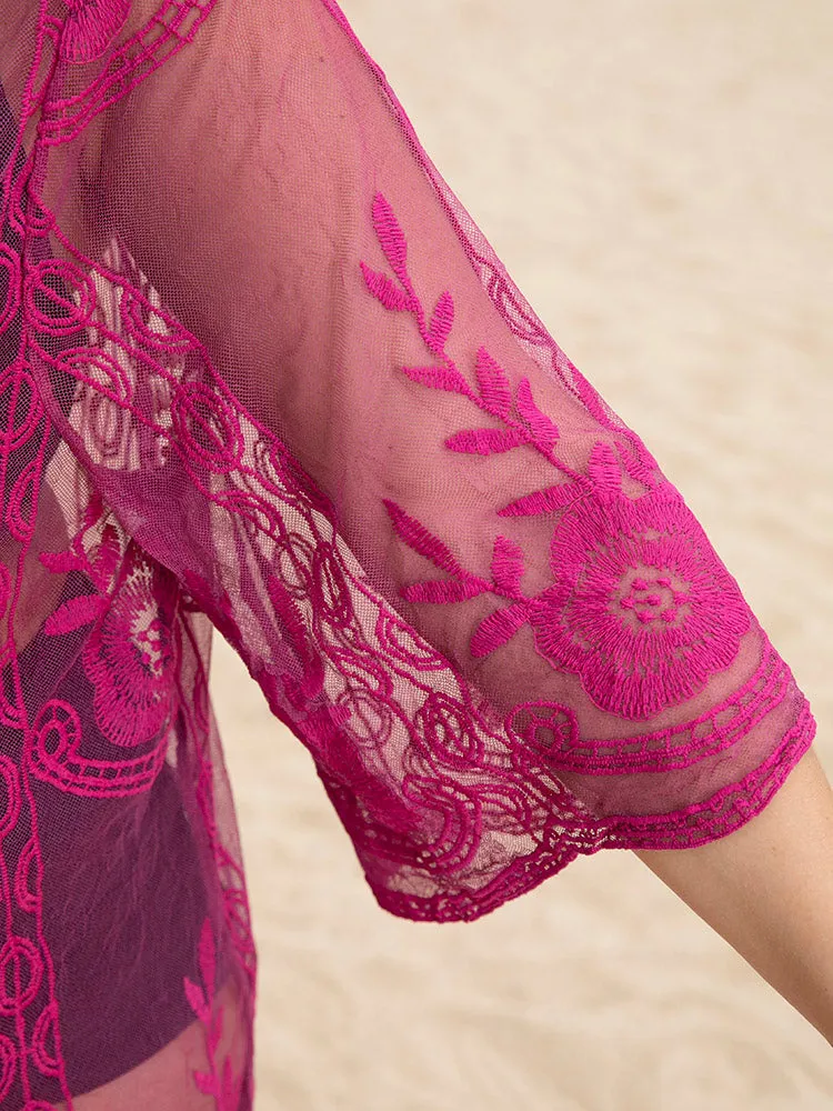 Floral Embroidered Mesh Open Front Kimono