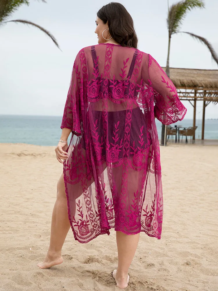 Floral Embroidered Mesh Open Front Kimono