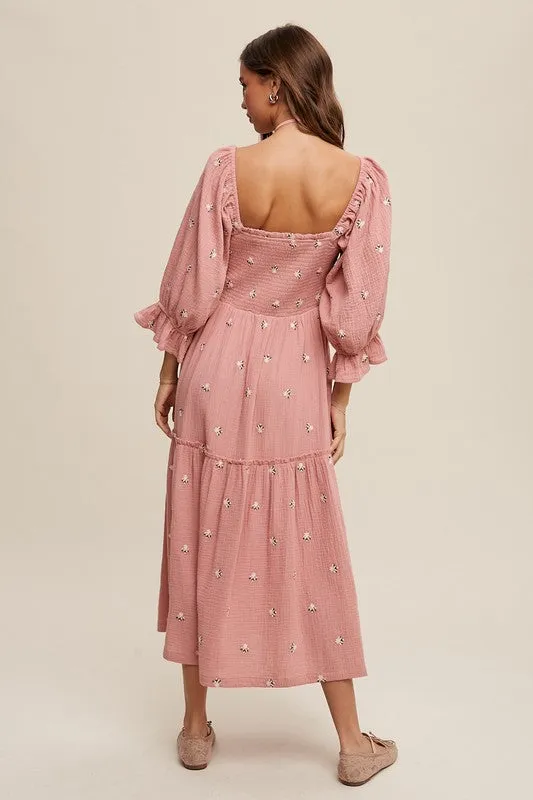 Floral Embroidery Puff Sleeve Maxi Dress