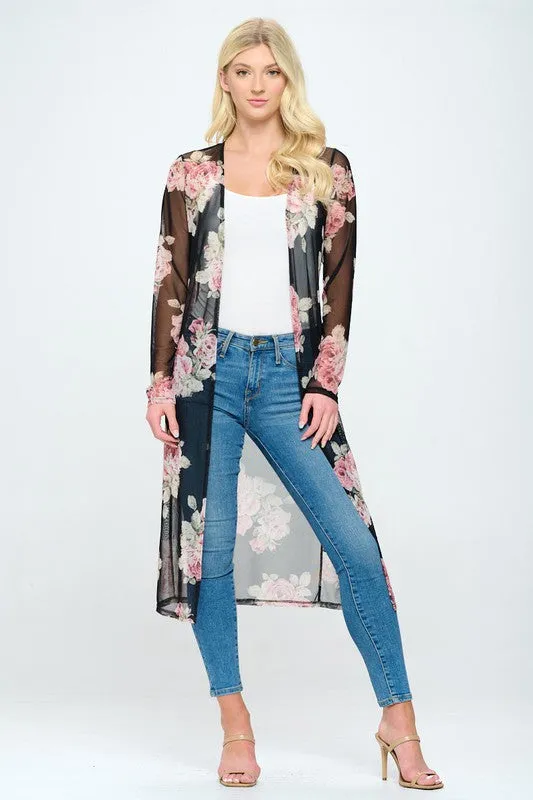 Floral long line mesh floral duster