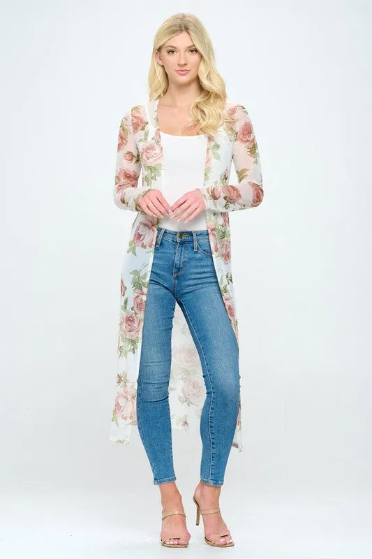 Floral long line mesh floral duster