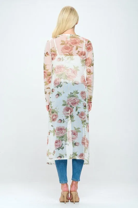 Floral long line mesh floral duster