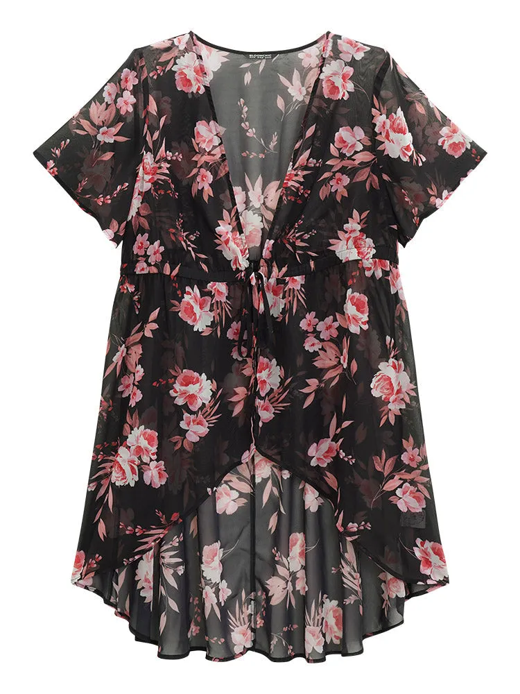 Floral Print Mesh Drawstring Knot Open Front Kimono