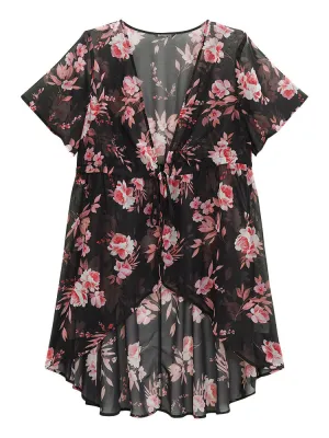 Floral Print Mesh Drawstring Knot Open Front Kimono