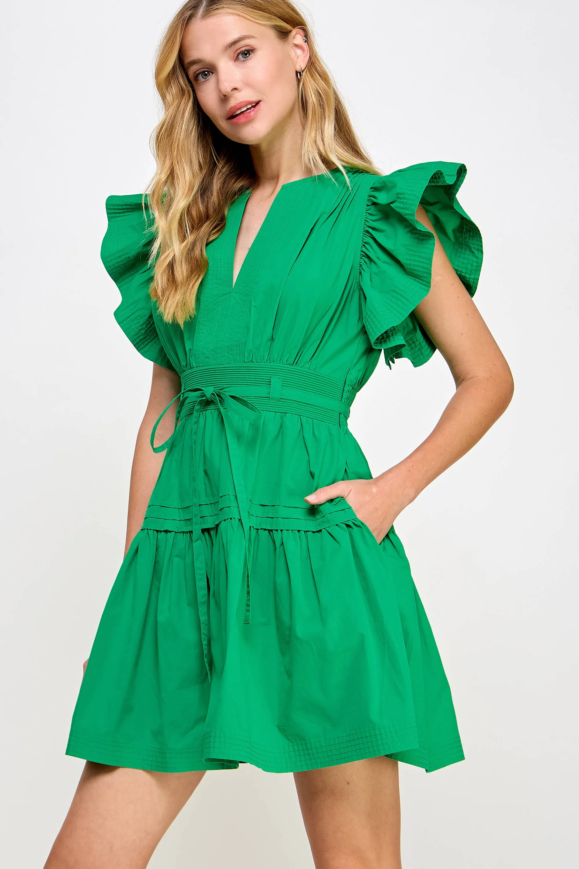 Flutter Sleeve Poplin Mini Dress: Off White