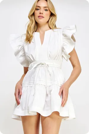 Flutter Sleeve Poplin Mini Dress: Off White