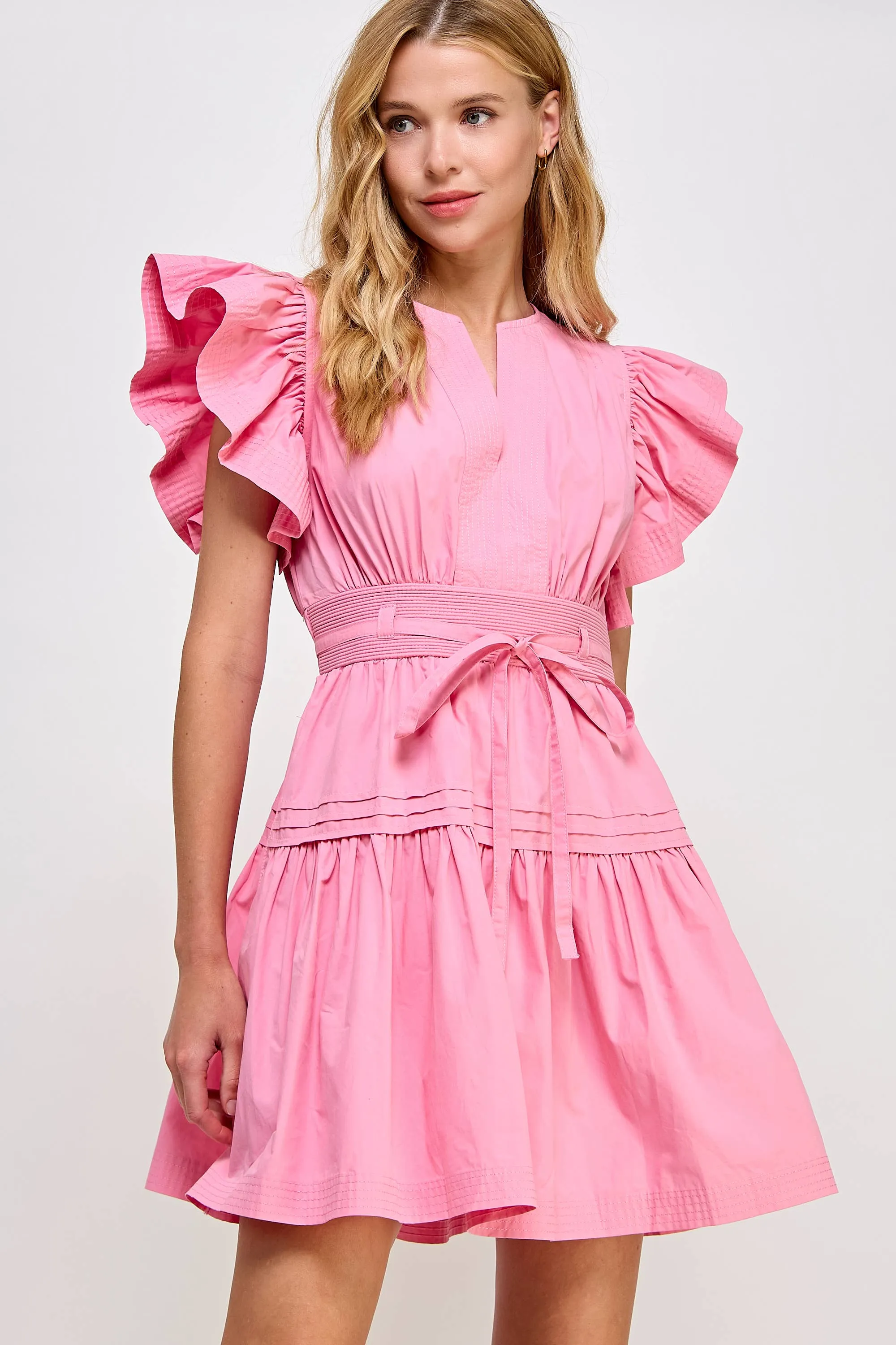 Flutter Sleeve Poplin Mini Dress: Off White