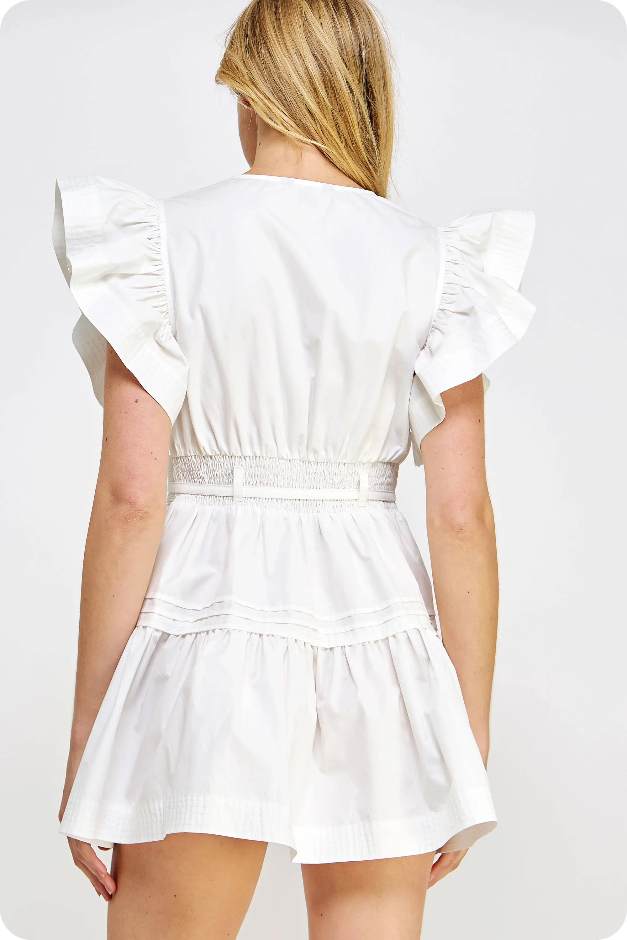 Flutter Sleeve Poplin Mini Dress: Off White