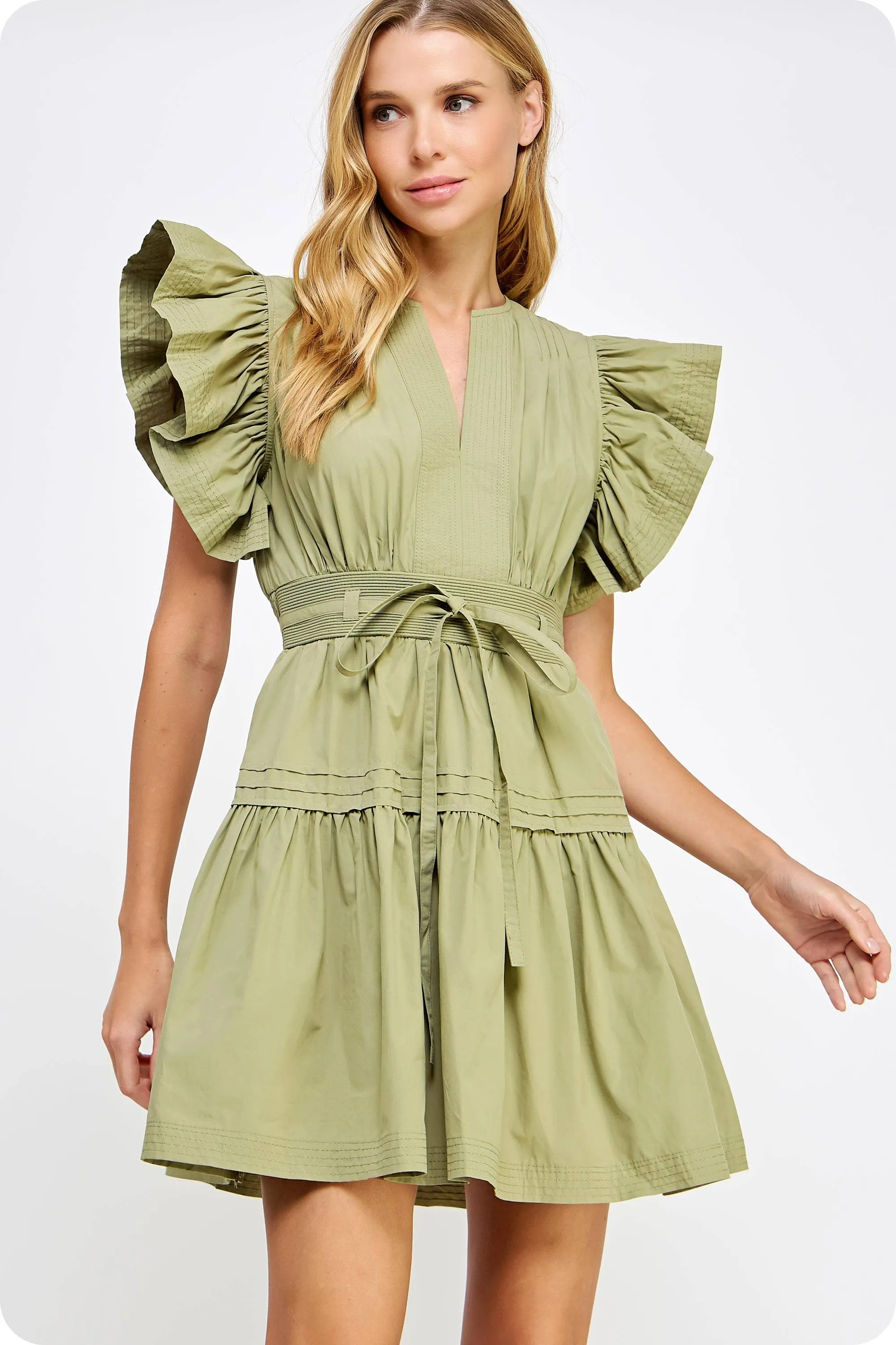 Flutter Sleeve Poplin Mini Dress: Off White