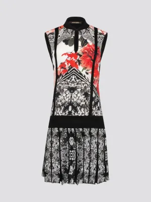 Foliage Pleated Keyhole Dress