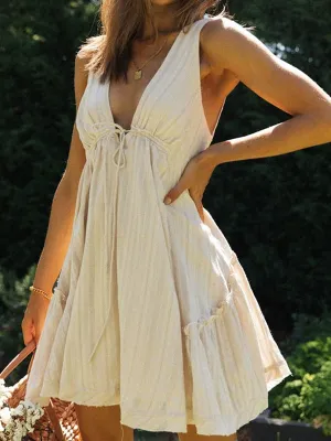 Front Tie V Neck Smock Dress
