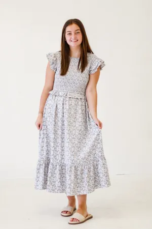 Garden Romance Floral Flutter Sleeve Maxi Dress in Blush/Blue