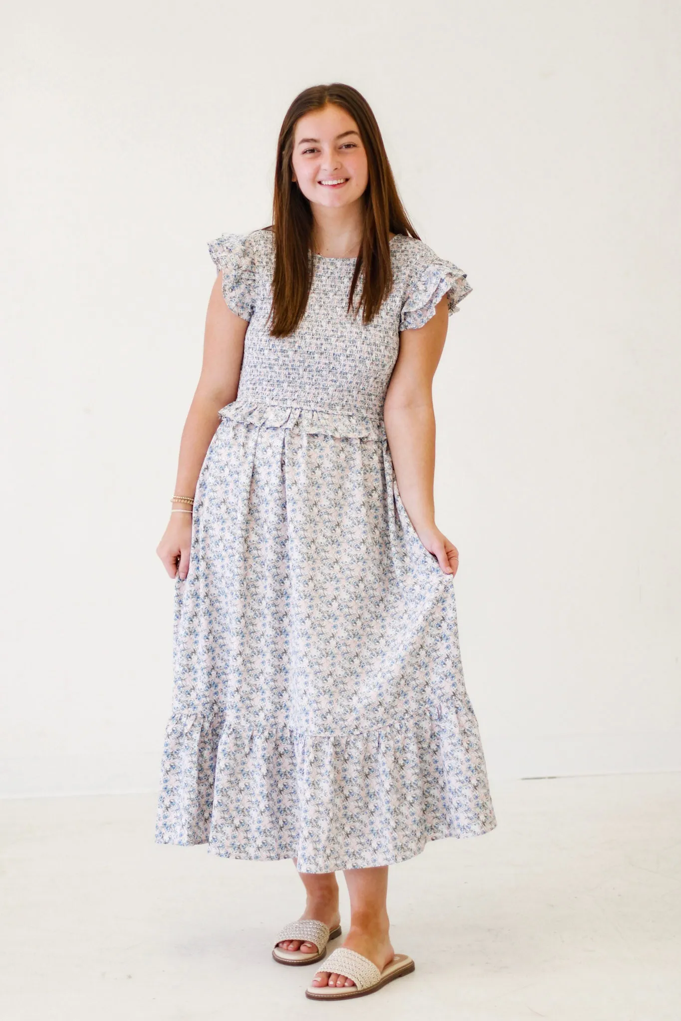 Garden Romance Floral Flutter Sleeve Maxi Dress in Blush/Blue