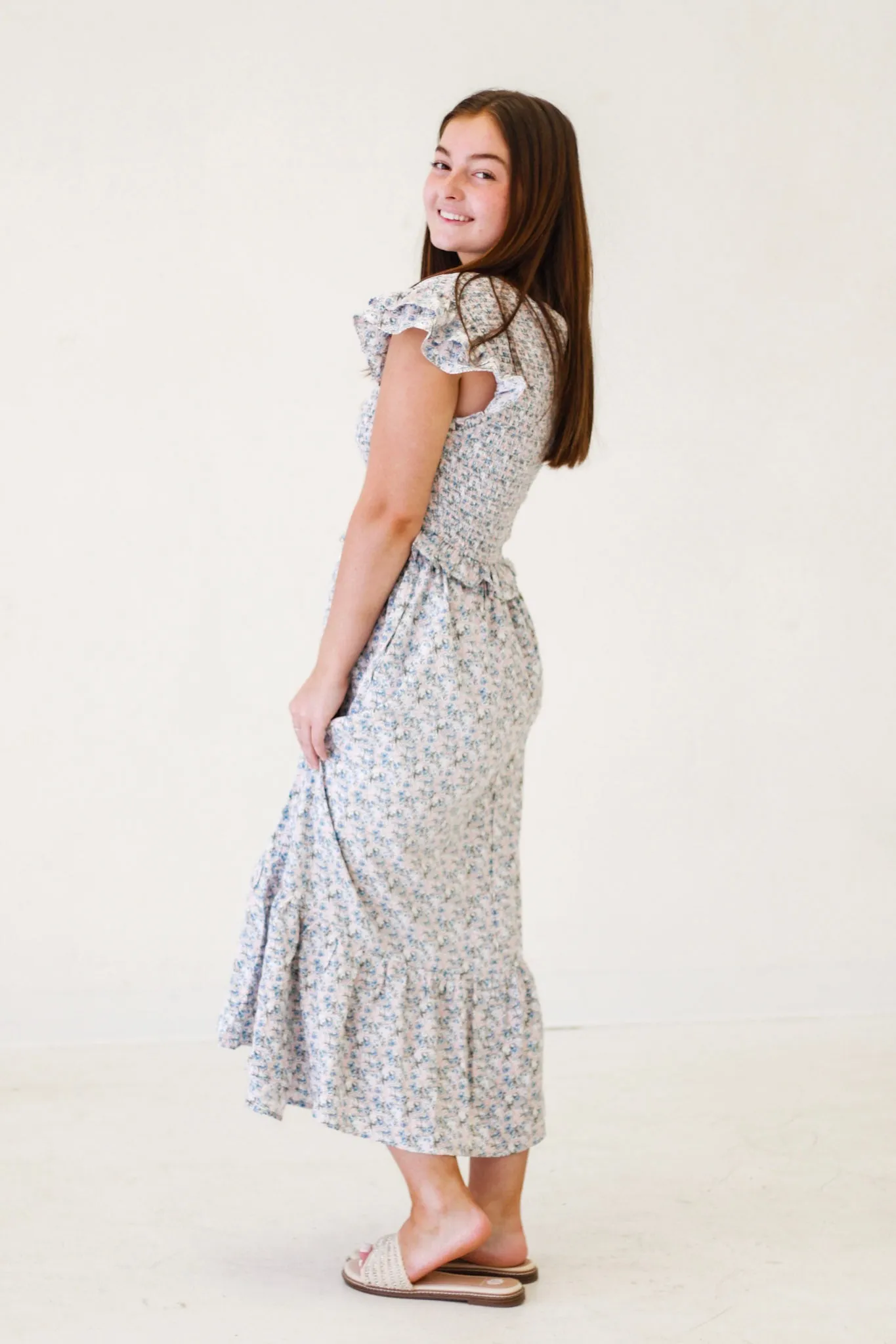 Garden Romance Floral Flutter Sleeve Maxi Dress in Blush/Blue