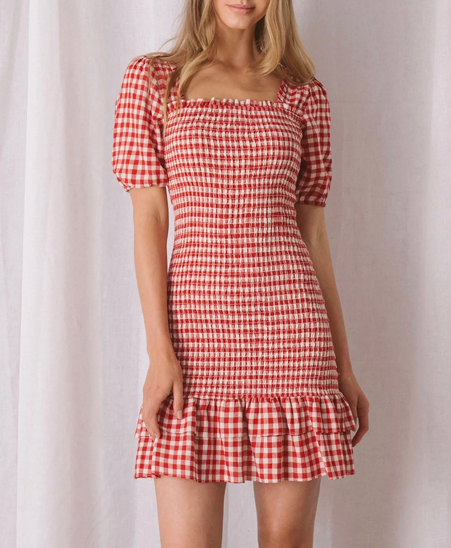 Gingham Puff Sleeve Smock Mini Dress