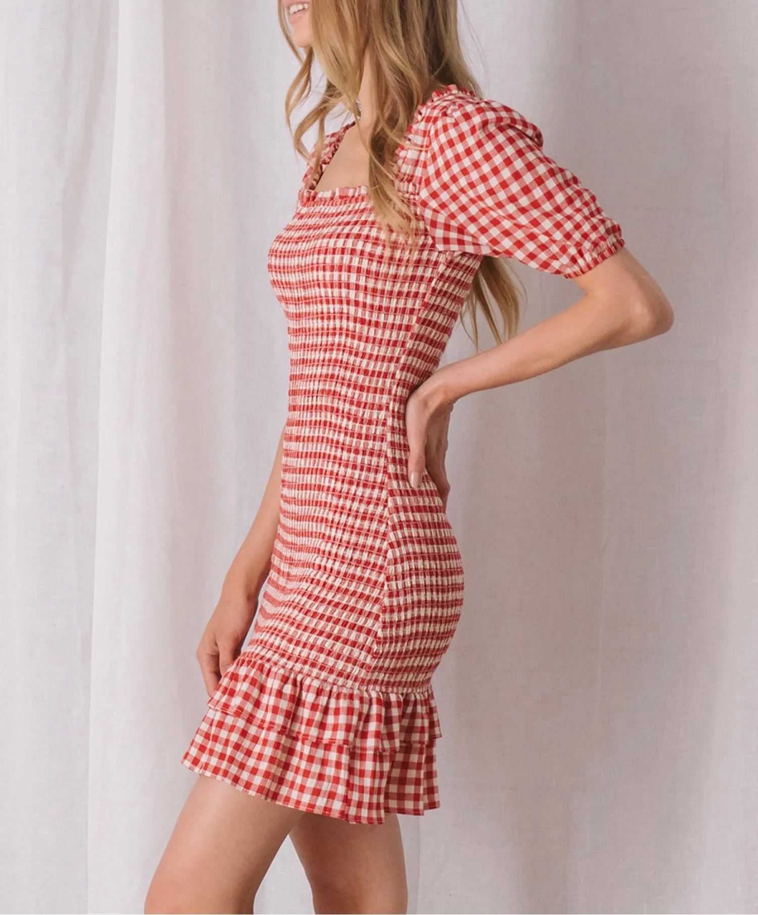 Gingham Puff Sleeve Smock Mini Dress