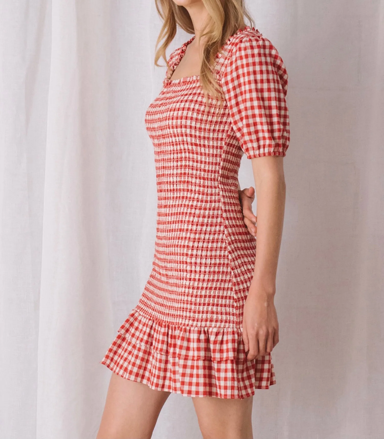Gingham Puff Sleeve Smock Mini Dress