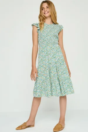 Girls Ditsy Floral Smocked Bodice Midi Dress
