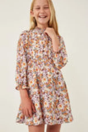 Girls Floral Cinch Cuff Smock Neck Dress