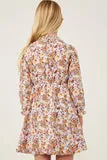 Girls Floral Cinch Cuff Smock Neck Dress