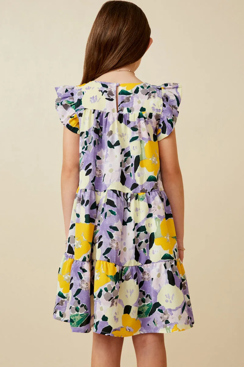 Girls Floral Placement Smock Ruffled Tank Dress